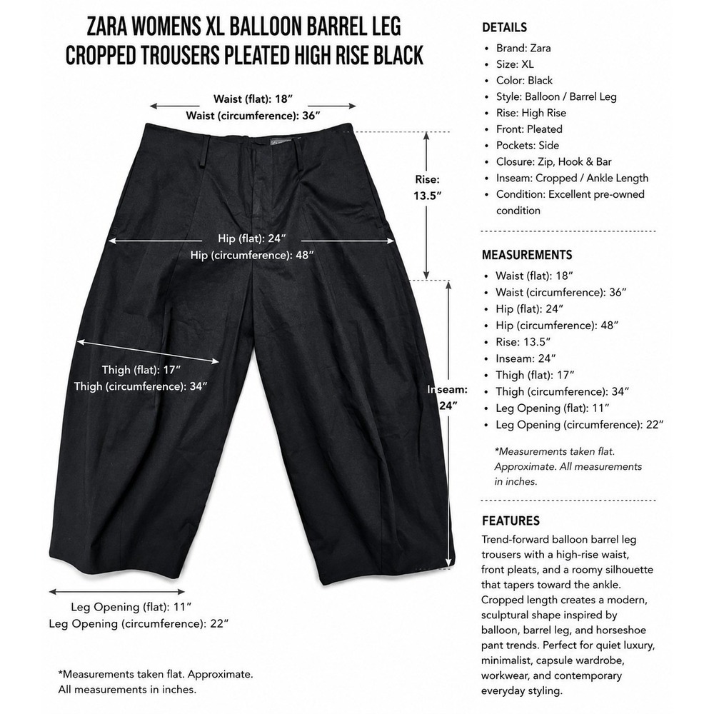 Zara Womens XL Balloon Barrel Leg Cropped Pleated Trousers Black High Rise - Picture 3 of 16